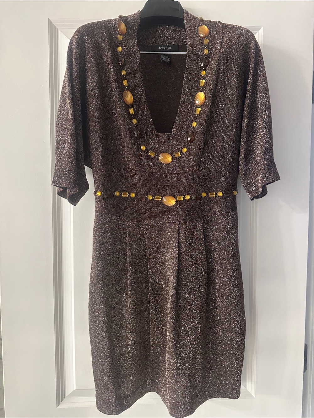 Arden B Brown Metallic Midi Dress with Gold Bead Accents
